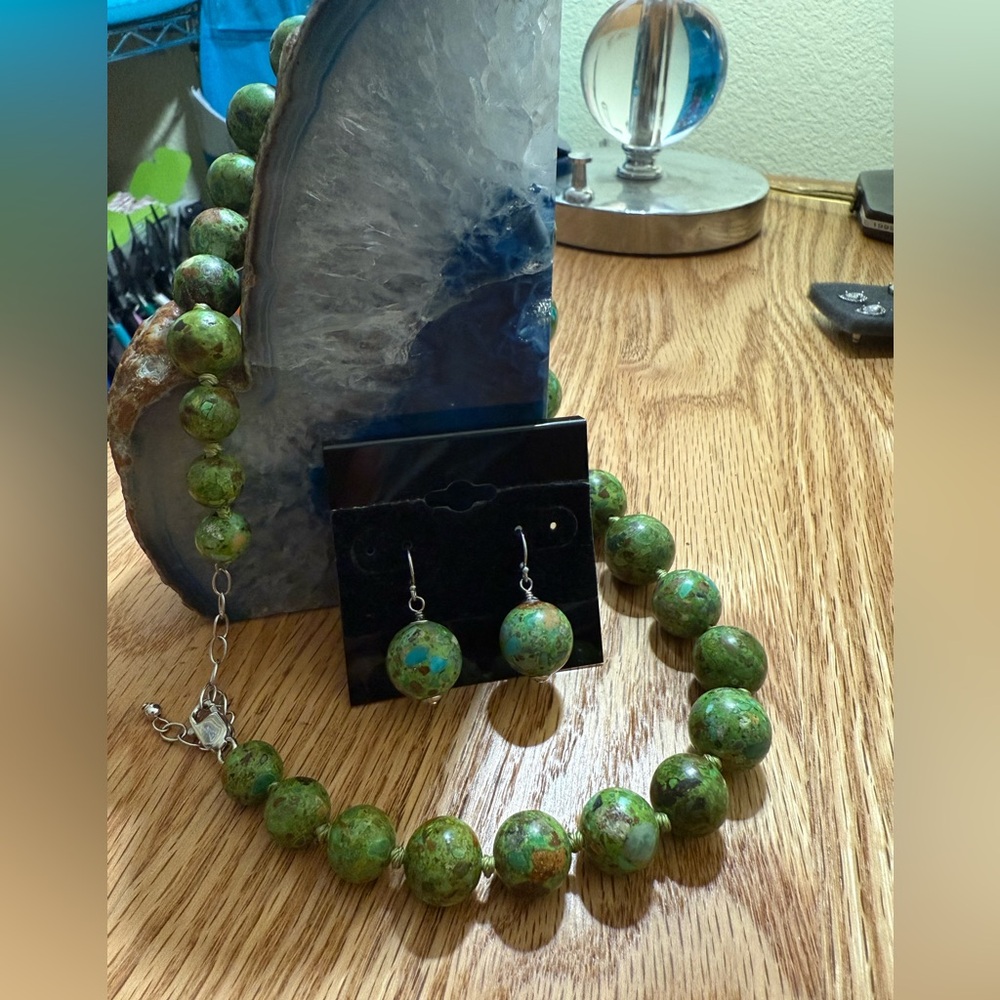 AIL 925 by:ALUMA Green Mosaic Beaded graduated Necklace+ earrings set,17” BNWOT